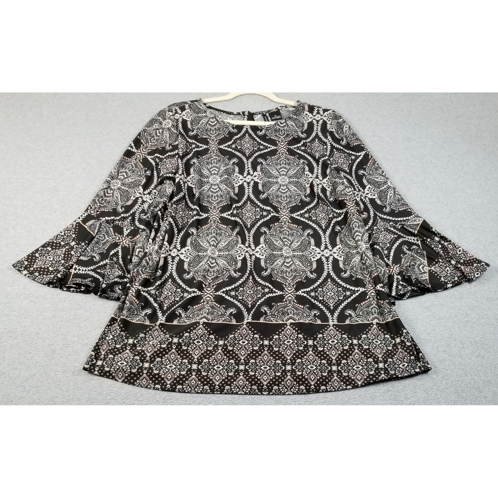 New Directions Tunic Top Women's XL Paisley Geo‎ Bell Sleeve Boho Button Up Back